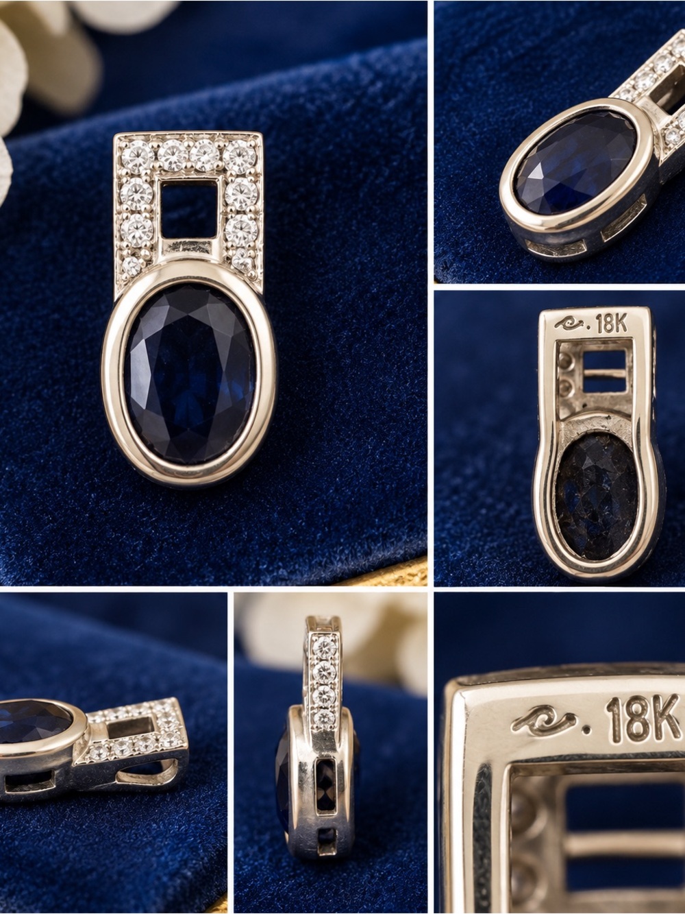 18K White Gold Sapphire Diamond Pendant 7x5mm Fine Jewelry